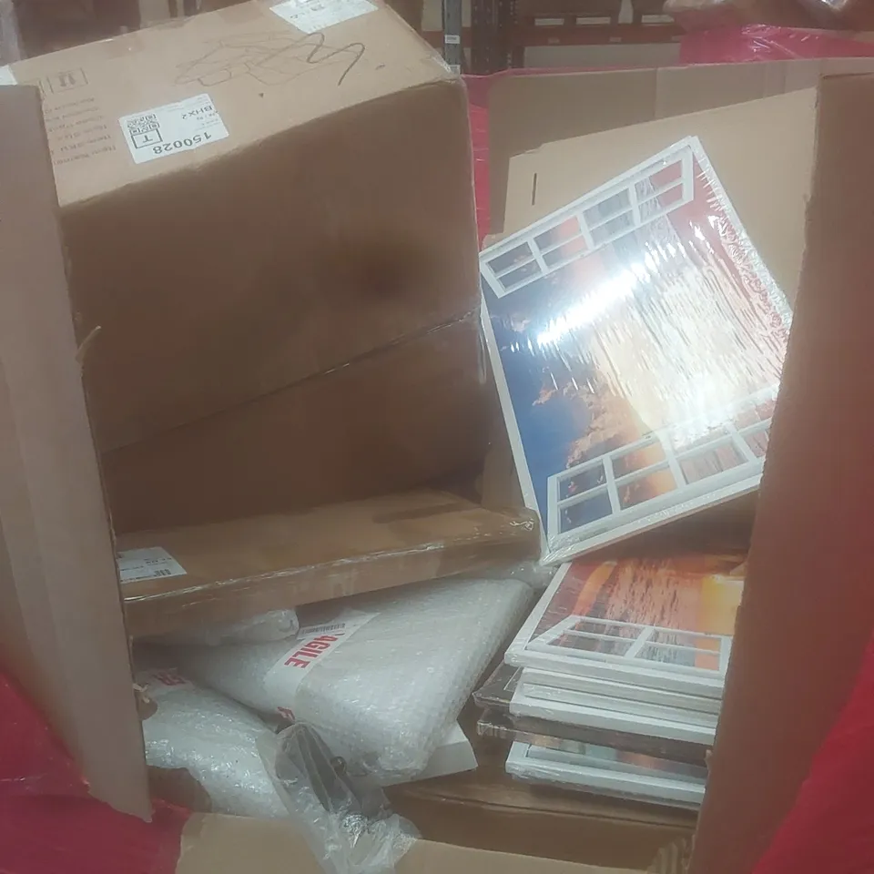 PALLET OF ASSORTED HOUSEHOLD GOODS AND PRODUCTS TO INCLUDE; DEHUMIDIFIER, FRAMED DECOR ITEMS, BOXED FURNITURE ETC