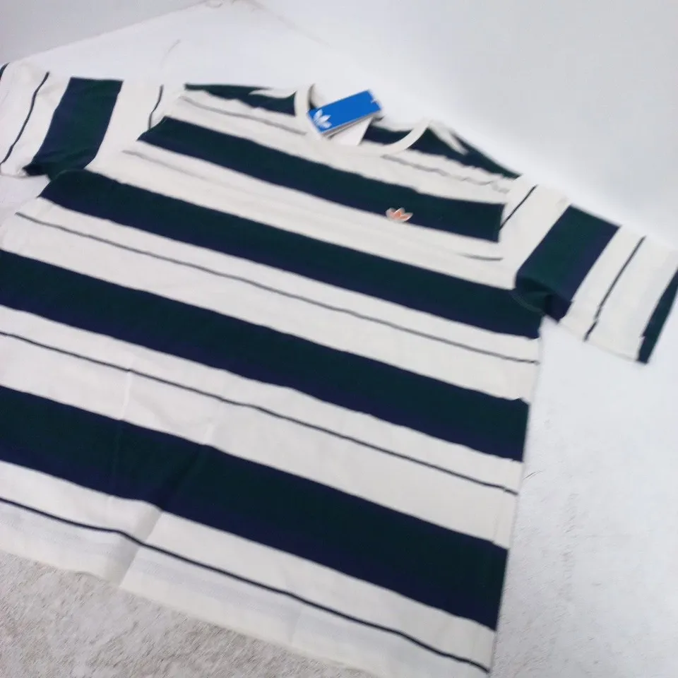 ADIDAS STRIPE CREWNECK T‑SHIRT – WHITE & NAVY, UK L 
