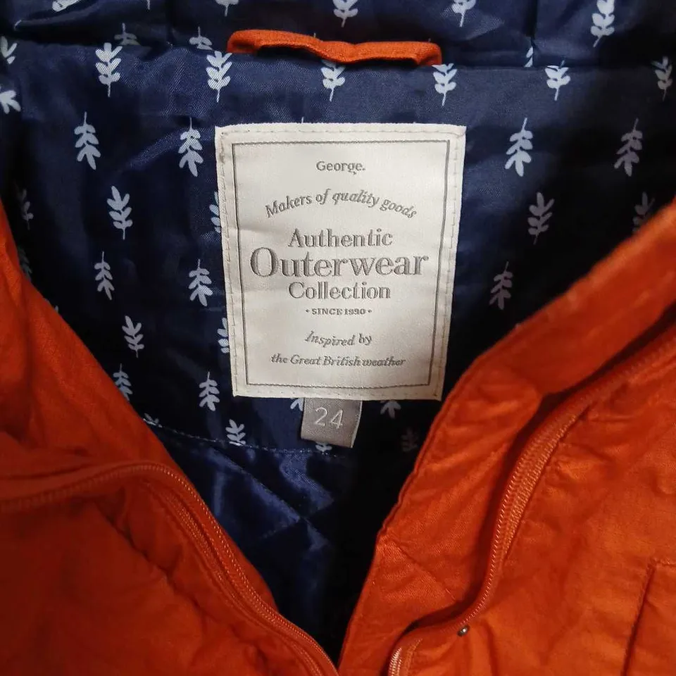 GEORGE AUTHENTIC OUTERWEAR COLLECTION ORANGE HOODED PARKA – SIZE 24