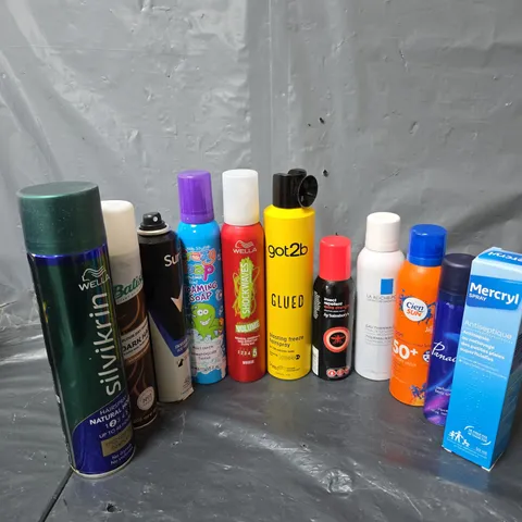 APPROXIMATELY 10 ASSORTED AEROSOLS TO INCLUDE FOAMING SOAP , HAIRSPRAY , BUG SPRAY , ETC 