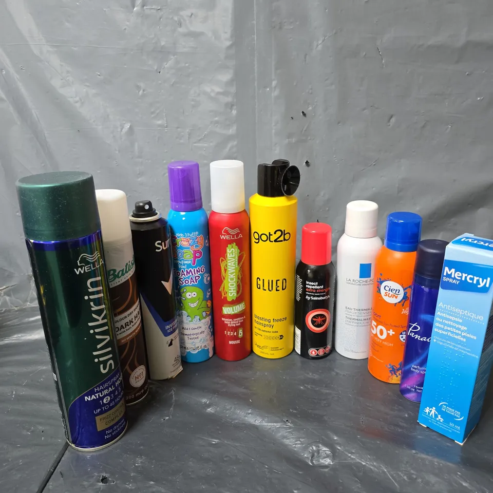 APPROXIMATELY 10 ASSORTED AEROSOLS TO INCLUDE FOAMING SOAP , HAIRSPRAY , BUG SPRAY , ETC 
