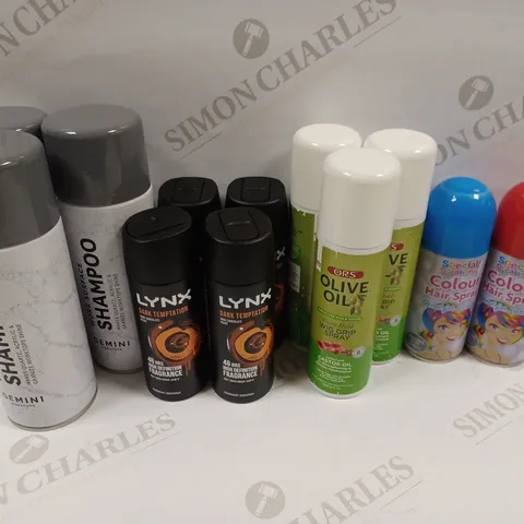 BOX OF APPROXIMATELY 25 ASSORTED AEROSOL PRODUCTS TO INCLUDE LYNX TEMPTATION, COLOUR SPRAY, GEMINI SHAMPOO ETC - COLLECTION ONLY 