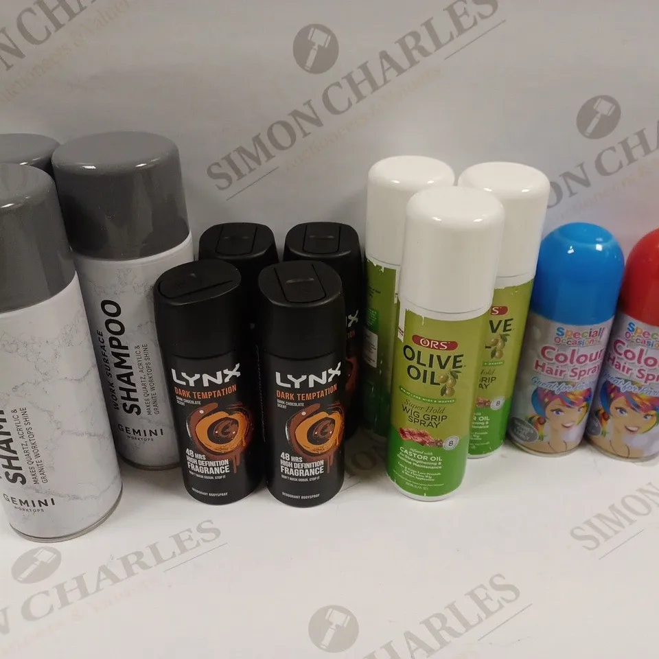 BOX OF APPROXIMATELY 25 ASSORTED AEROSOL PRODUCTS TO INCLUDE LYNX TEMPTATION, COLOUR SPRAY, GEMINI SHAMPOO ETC - COLLECTION ONLY 