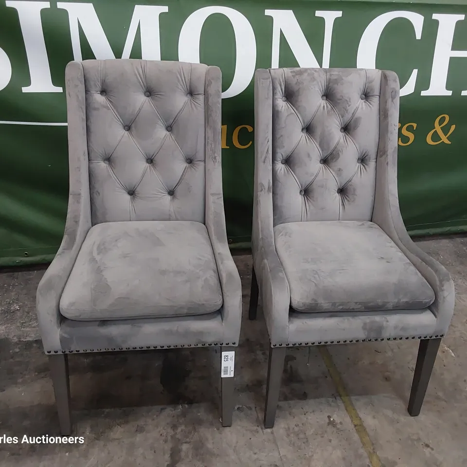 PAIR OF DESIGNER UPHOLSTERED MINK PLUSH FABRIC DINING CHAIRS WITH STUDDED DETAIL ON SILVERED LEGS