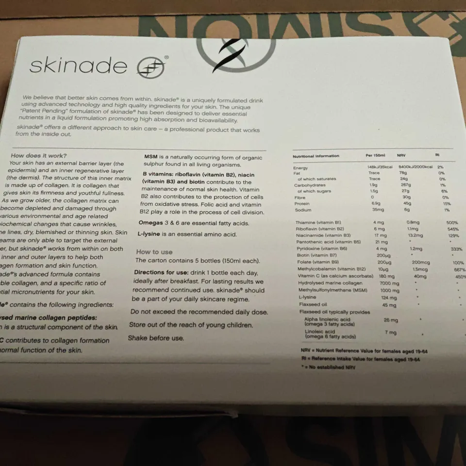 SEALED SKINADE FOOD SUPPLEMENT – 5 X 150ML BOTTLES, BOXED