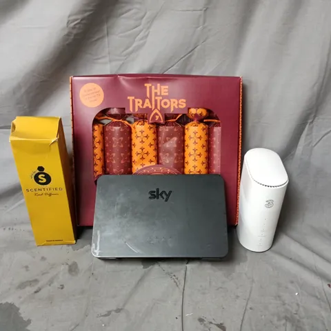 BOX OF APPROXIMATELY 40 ASSORTED HOUSEHOLD ITEMS INCLUDING THE TRAITORS CHRISTMAS CRACKERS, REED DIFFUSER, THREE WIFI HUB AND SKY HUB