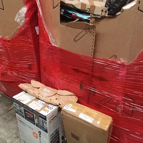 PALLET OF ASSORTED HOUSEHOLD GOODS AND PRODUCTS TO INCLUDE; COMPACT POWER CARPET WASHER, ENTRANCE CARPET, METAL ARDROBE