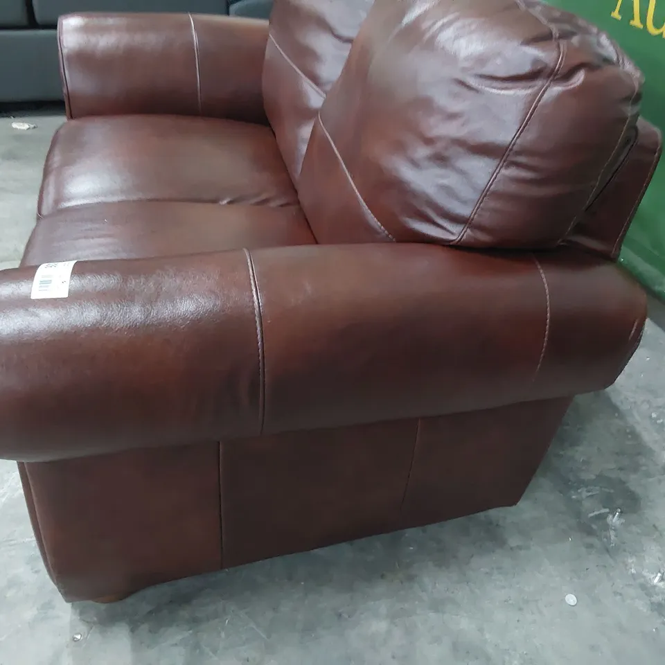 DESIGNER TWO SEATER SCROLL ARM SOFA CHESTNUT LEATHER 