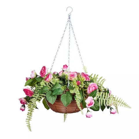 FAUX PINK ROSE HANGING BASKET 