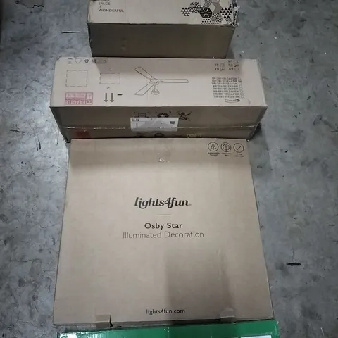 PALLET OF HOUSEHOLD ITEMS TO INCLUDE METEOR LIGHT, OSBY STAR ILUMINATED DECORATION, CEILING FAN AND OTHER ASSORTED ITEMS...