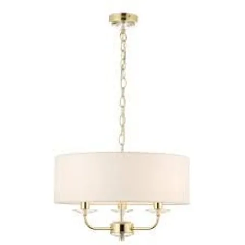 BOXED NIXON BRASS 3X40W E14 VINTAGE WHITE FAUX SILK SHADE PENDANT LIGHT