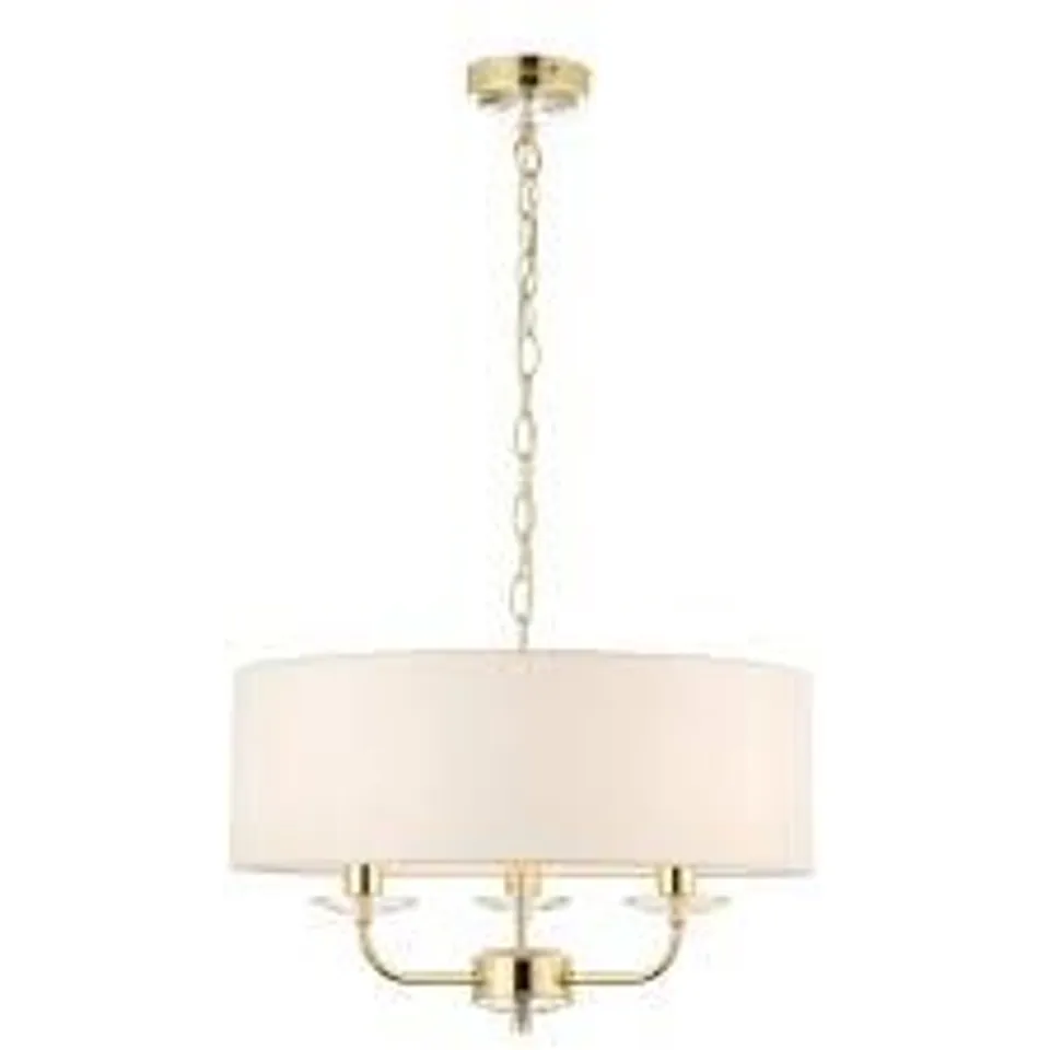BOXED NIXON BRASS 3X40W E14 VINTAGE WHITE FAUX SILK SHADE PENDANT LIGHT