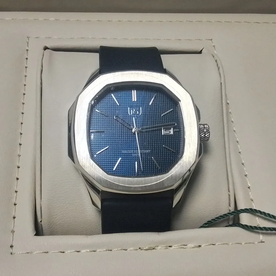 RAYMOND GAUFIN GENTS STAINLESS STEEL WATCH WITH JAPANESE MIYOTA MOVEMENT AND BLACK RUBBER STRAP IN WOODEN GIFT BOX