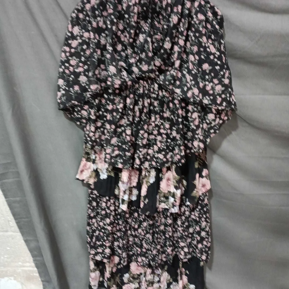 ROMAN FLORAL MIDI DRESS – WOMEN'S UK SIZE 12, BLACK WITH PINK FLOWERS