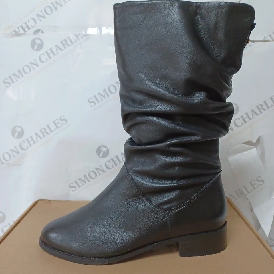 BOXED DUNE LEATHER RUCHED CALF BOOTS, BLACK - SIZE 5