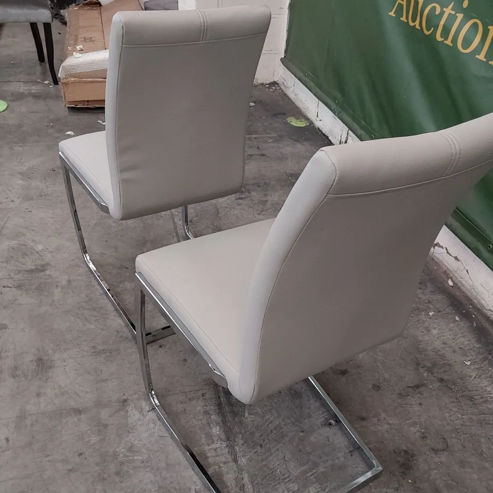 PAIR OF DESIGNER UPHOLSTERED DINING CHAIRS GREY PU ON CHROME FRAME