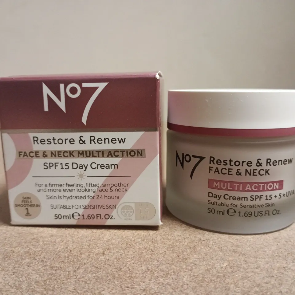 NO7 RESTORE & RENEW FACE & NECK MULTI ACTION DAY CREAM SPF 15, 50 ML – BOXED