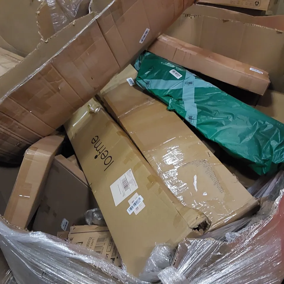 PALLET TO CONTAIN ASSORTED HOUSEHOLD ITEMS. INCLUDES TOILET SEAT, BOXED FURNITURE AND OTHER HOUSEHOLD ITEMS ETC