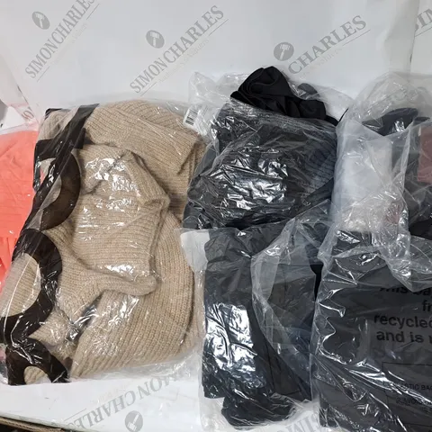 LARGE BOX OF ASSORTED CLOTHING ITEMS IN VARIOUS COLOURS AND SIZES INCLUDING TROUSERS , TOPS AND JUMPERS 