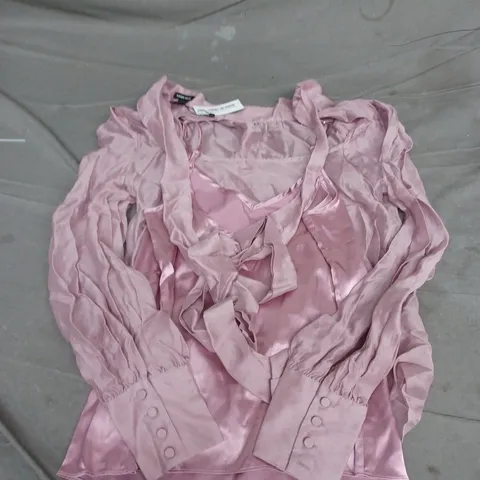 KAREN MILLEN PINK SATIN BLOUSE WITH TIE NECK AND PUFF SLEEVES SIZE 10