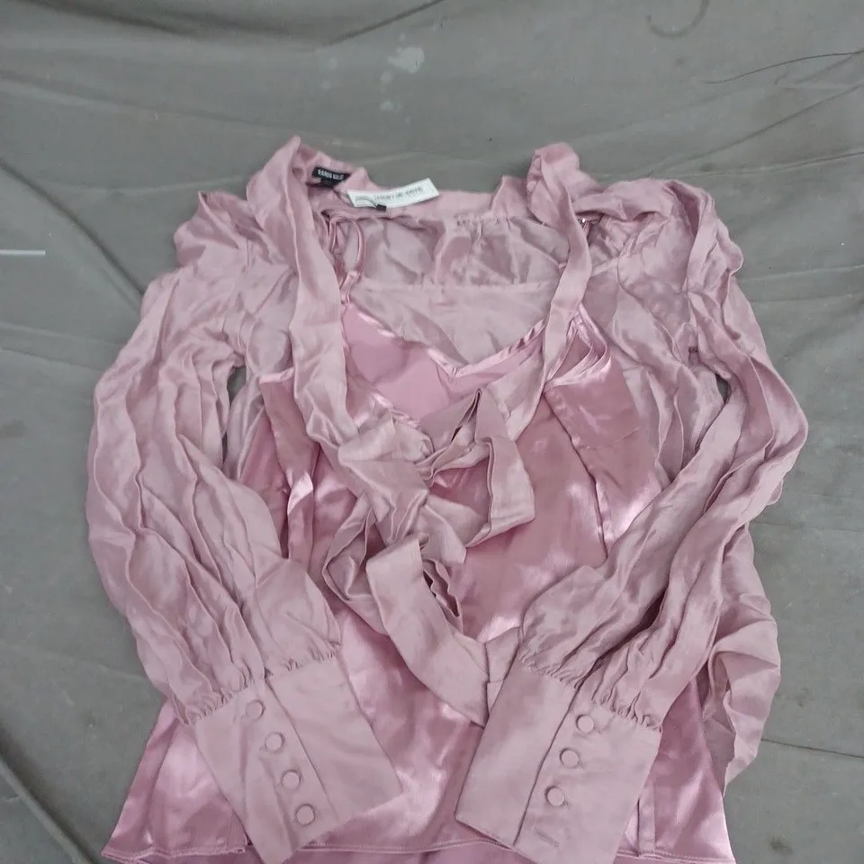 KAREN MILLEN PINK SATIN BLOUSE WITH TIE NECK AND PUFF SLEEVES SIZE 10