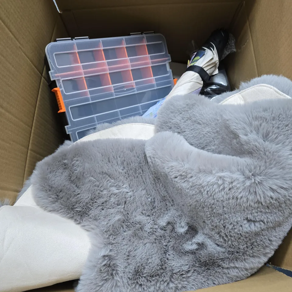 BOX OF APPROXIMATELY 15 ASSORTED ITEMS INCLUDING ROLSON SCREW STORAGE BOX AND INVERTED UMBRELLA 