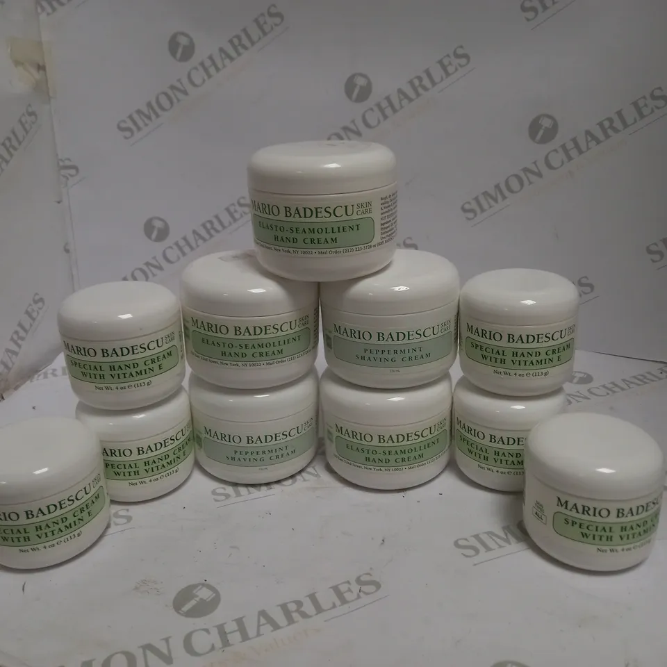 11 ASSORTED MARIO BODESCU ITEMS TO INCLUDE: SPECIAL HAND CREAM WITH VITAMIN E, PEPPERMINT SHAVING CREAM