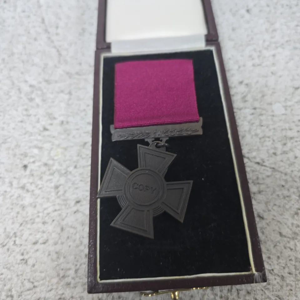 CROSS-SHAPED MEDAL WITH PINK RIBBON – COPY (REPRODUCTION) IN PRESENTATION BOX BY CLEAVE JEWELLERS & MEDALLISTS