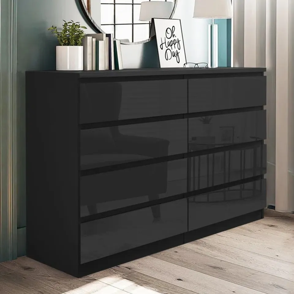 BOXED HIGH GLOSS 8- DRAWER CHEST OF DRAWERS - BLACK (2 BOXES)