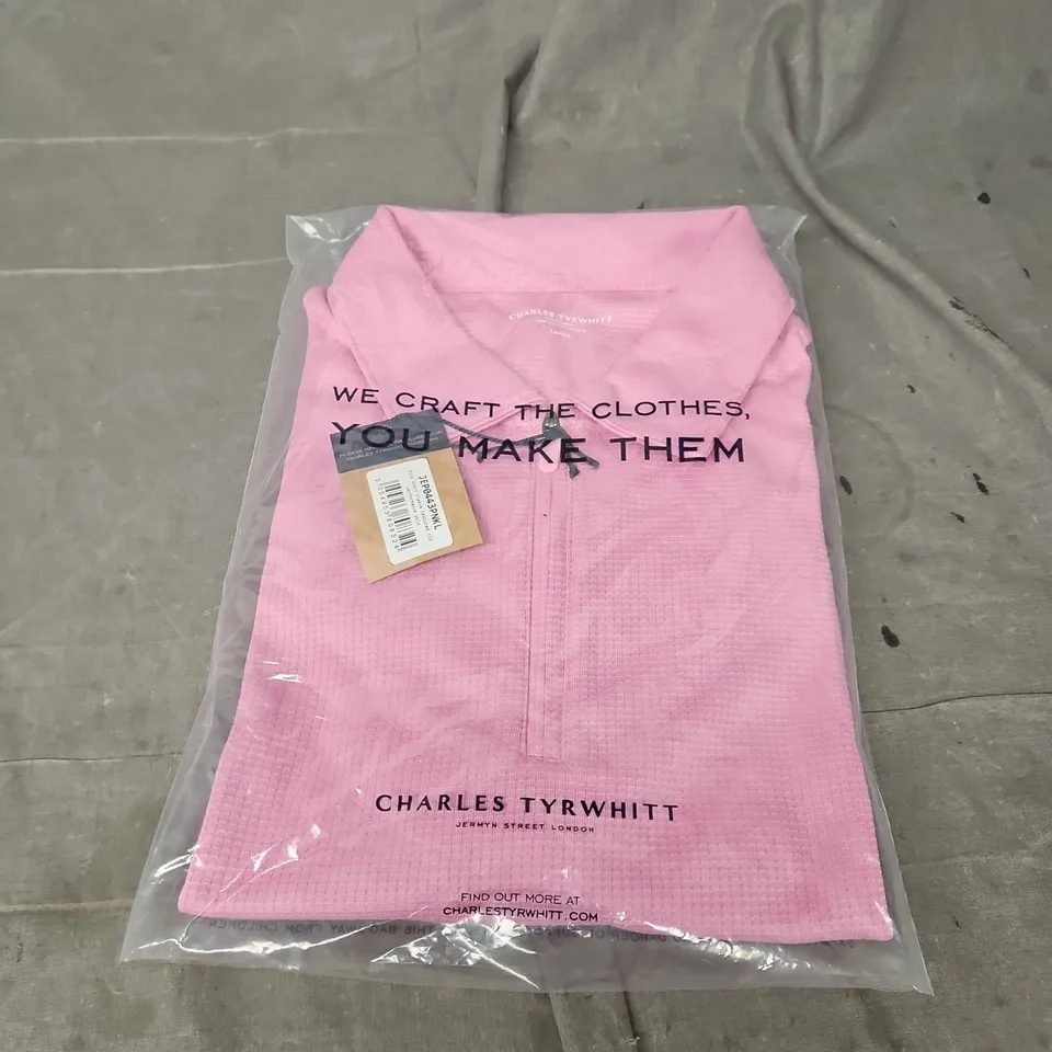 CHARLES TYRHITT SHORT SLEEVE TEXTURED ZIP PERFORMANCE POLO IN PINK SIZE L