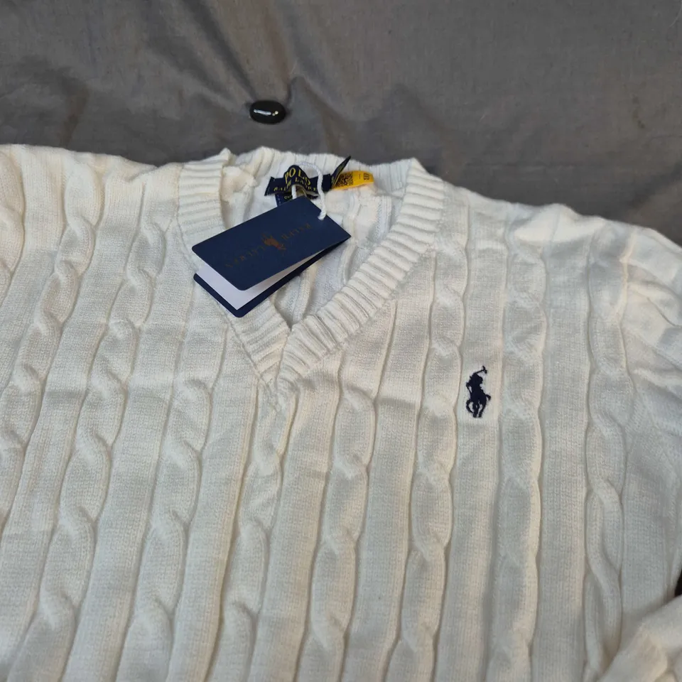RALPH LAUREN POLO KNIT CABLE JUMPER – WHITE, MEN'S - SIZE SMALL