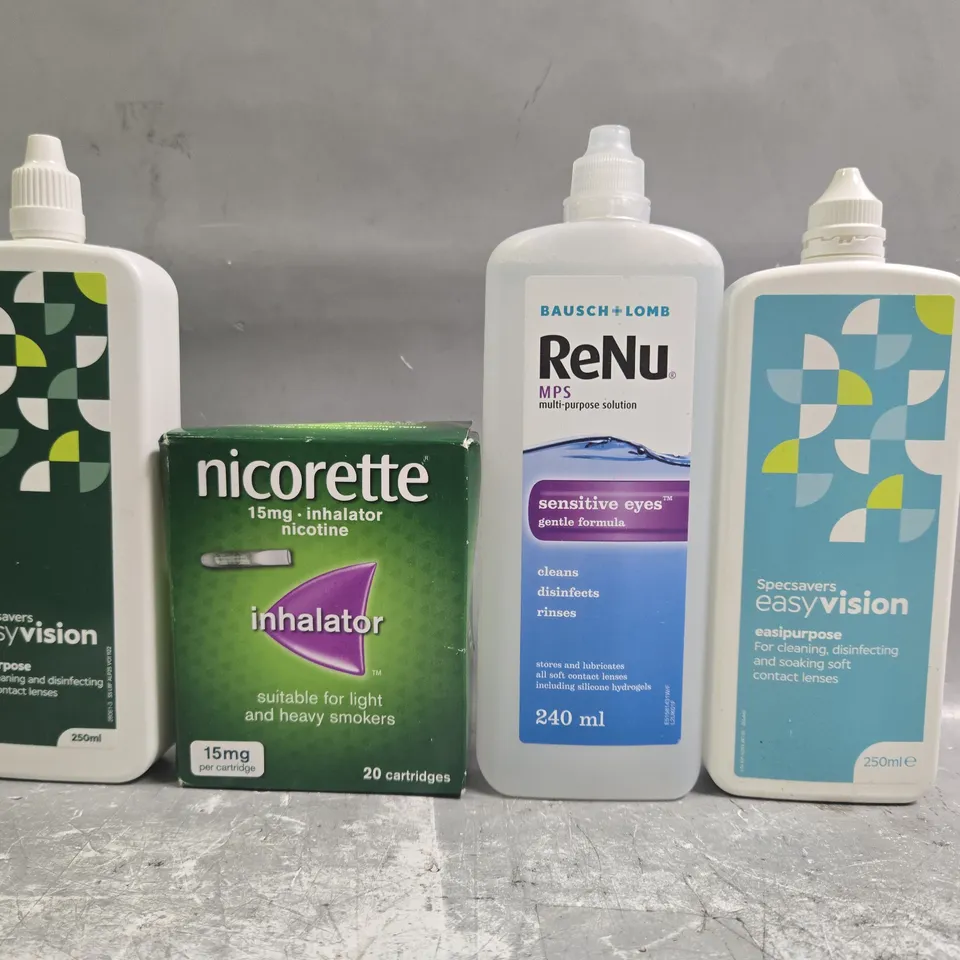 APPROXIMATELY 15 ASSORTED ITEMS TO INCLUDE RENU CONTACT LENSE FORMULA, NICORETTE INHALATOR, ETC - COLLECTION ONLY