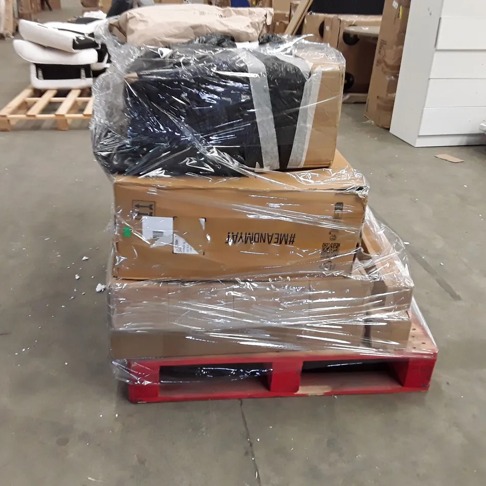 PALLET TO CONTAIN AN ASSORTMENT OF INCOMPLETE FURNITURE, CHAIRS, SHELVING ECT 