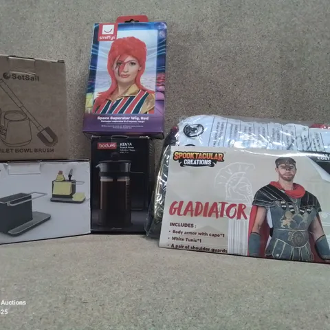 BOX TO CONTAIN ASSORTED HOUSEHOLD GOODS AND PRODUCTS TO INCLUDE; M3NS GLADIATOR COSTUME, JOSEPH JOSEPH SINK TIDY, BODUM KENYA FRENCH PRESS