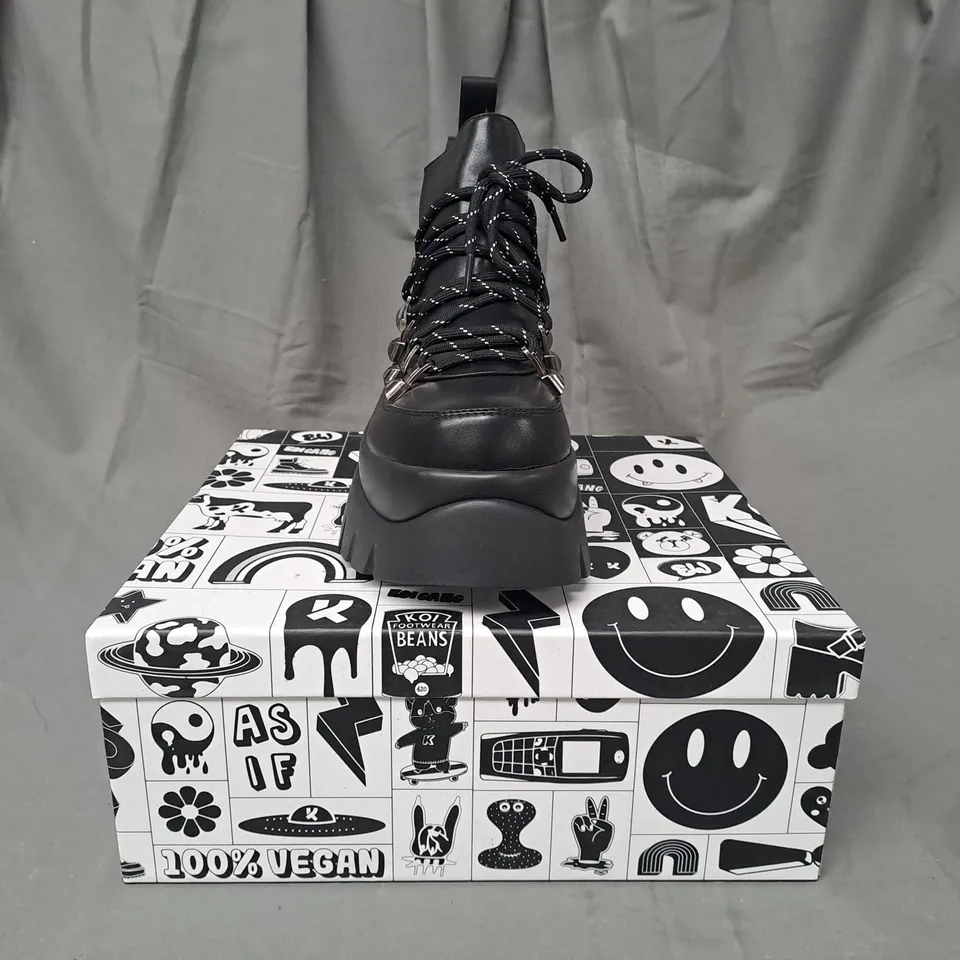 BOXED PAIR OF KOI VEGAN SIGMAR CHUNKY HIKING BOOTS IN BLACK UK SIZE 6