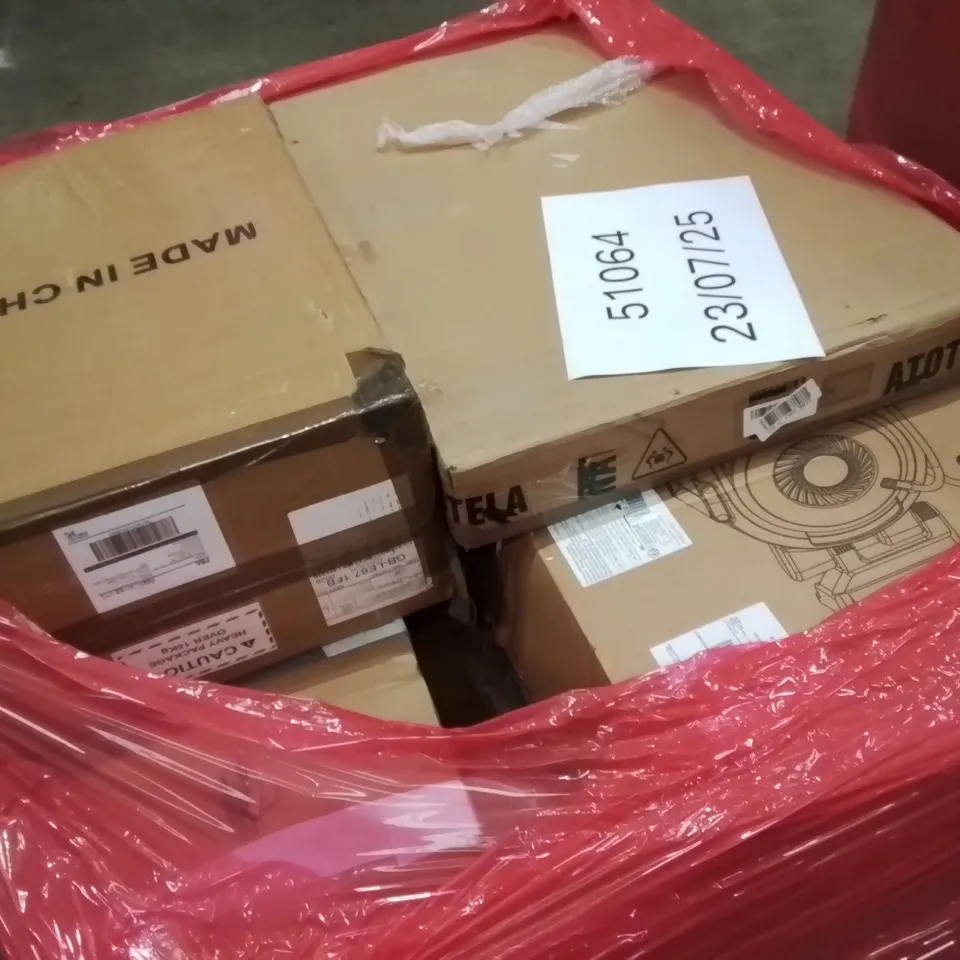PALLET OF ASSORTED HOUSEHOLD GOODS AND PRODUCTS TO INCLUDE; HOSE REEL, BOXED FURNITURE ETC 