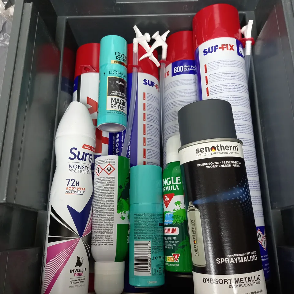 BOX OF APPROXIMATELY 10 ASSORTED AEROSOLS TO INCLUDE - SURE DEODORANT - SUFFIX MULTI PURPOSE PU FOAM - BATISTE DRY SHAMPOO - ETC - COLLECTION ONLY