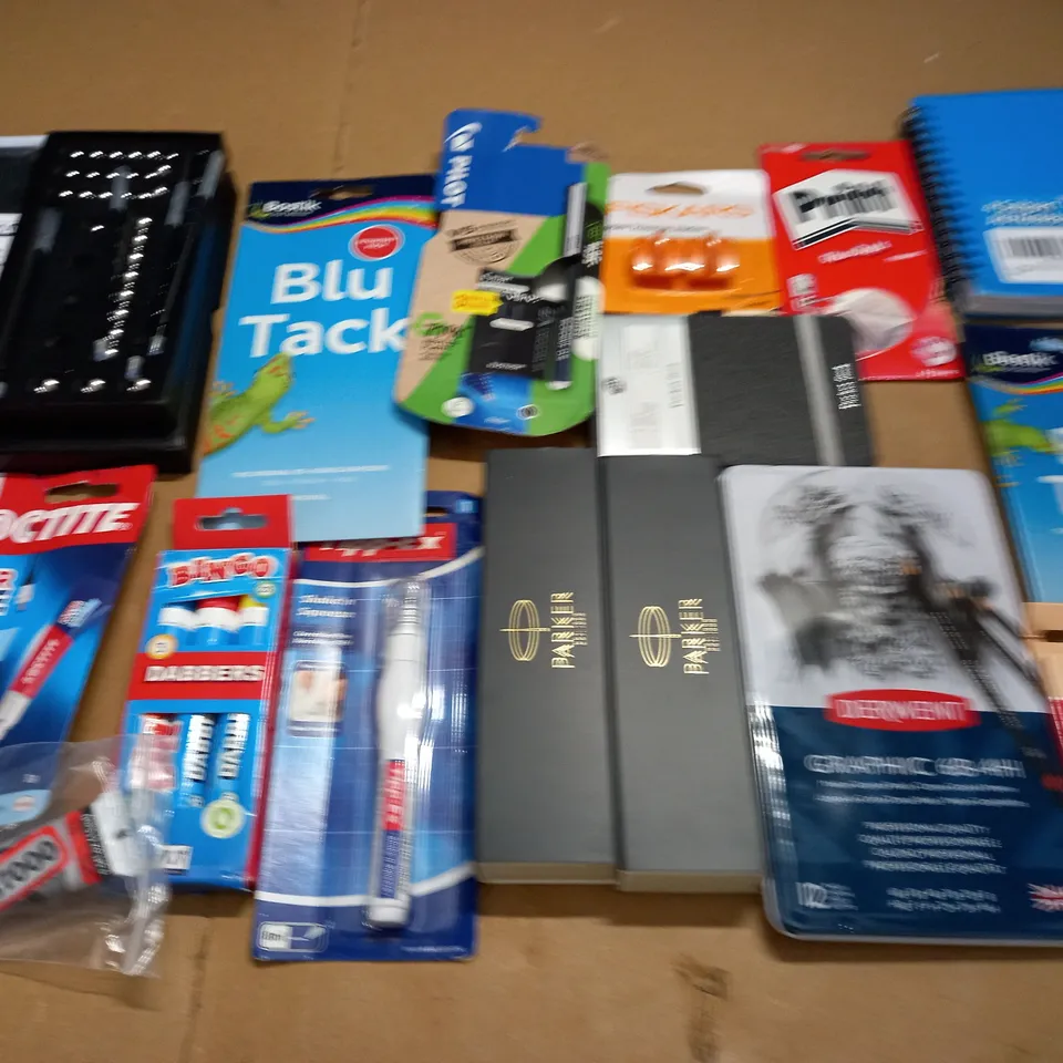 LOT OF ASSORTED STATIONARY ITEMS TO INCLUDE BRANDED PARKER PENS, BLUE TACK, MAGNETIC PEN AND TIPP-EX