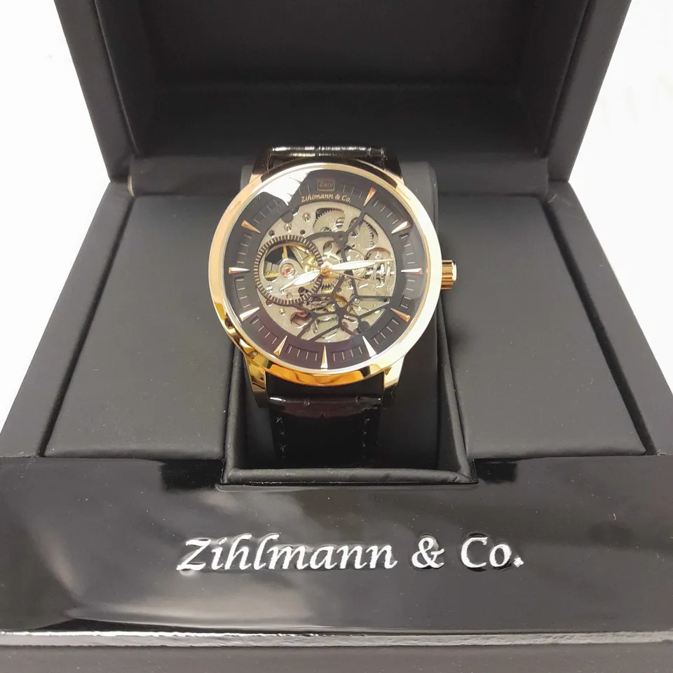 ZIHLMANN & CO ROSE GOLD EFFECT BLACK LEATHER STRAP WRISTWATCH