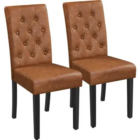 BOXED BUTTON TUFTED PADDED FAUX LEATHER DINING CHAIR WITH SOLID WOOD LEGS -BROWN-