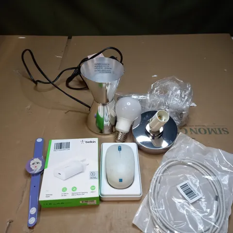 BOX OF APPROXIMATELY 15 HOUSEHOLD AND ELECTRICAL ITEMS TO INCLUDE JOHN LEWIS TOUCH LAMP, CHARGING CABLE, MICROSOFT WIRELESS MOUSE ETC