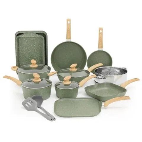 BOXED 17 PIECE ALUMINIUM NON-STICK COOKWARE SET IN GREEN 