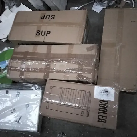 PALLET OF ASSORTED ITEMS INCLUDING AIR COOLER, UTEX 3-IN-1 POP UP PLAY TENT HOUSE SET, A&B PADDLE BOARD , FIDGET SUP BOARD,NORTHERN STONE FOOTBALL NET, FORGING MOUNT FULL-MOTION LONG ARM TV WALL MOUN