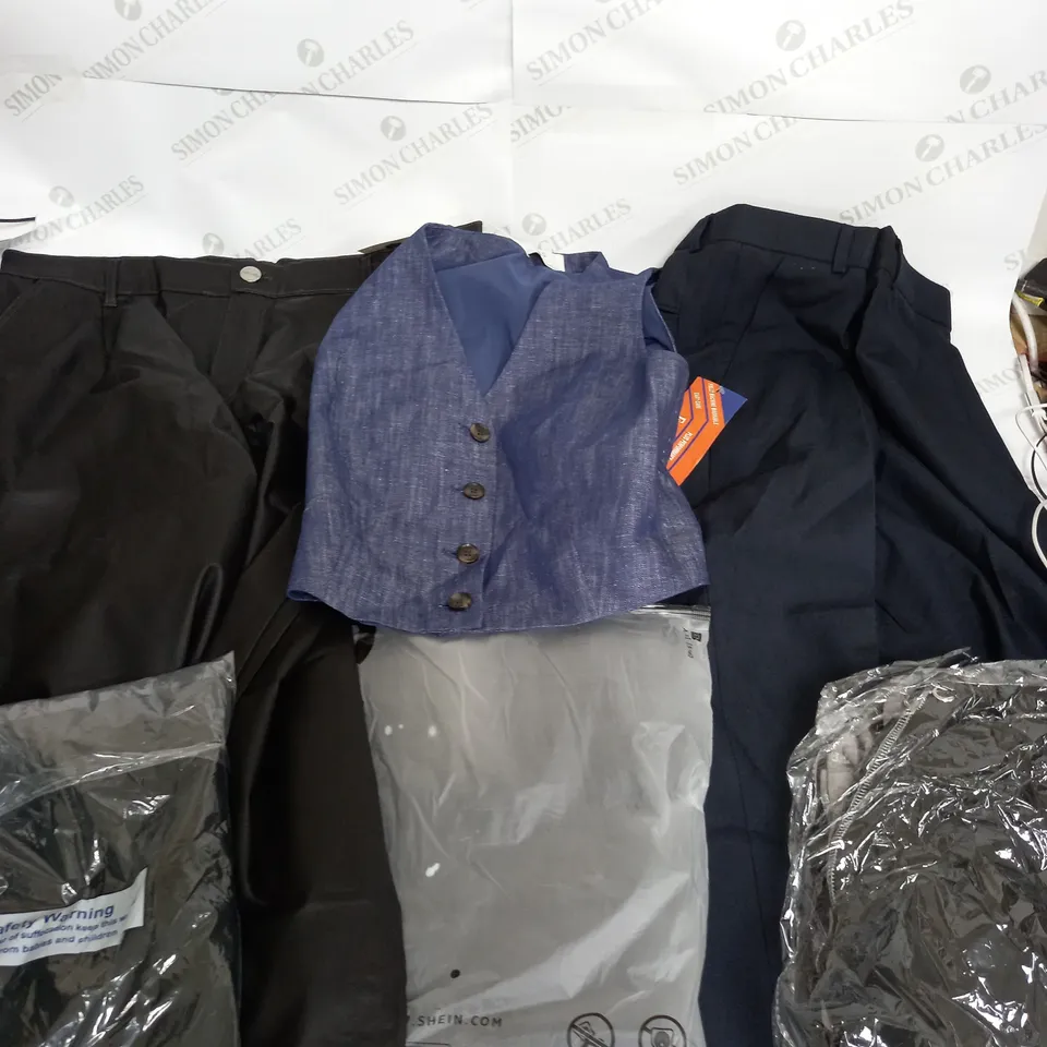 LARGE BOX OF ASSORTED CLOTHING ITEMS IN VARIOUS COLOURS AND SIZES INCLUDING TROUSERS , TOPS AND JUMPERS 