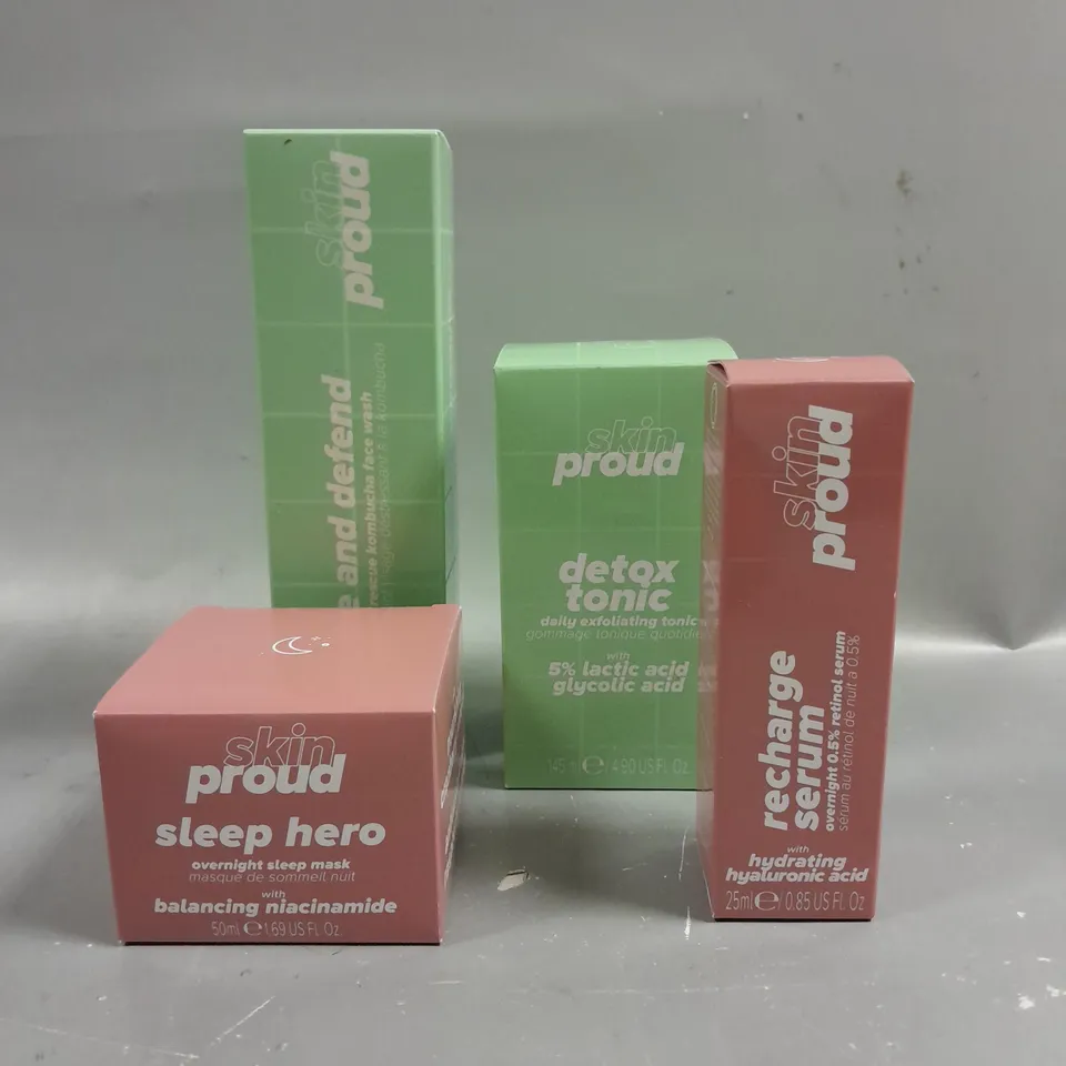 BOXED I AM PROUD SKINCARE SELECTION TO INCLUDE SLEEP HERO OVERNIGHT MASK (50ML), OVERNIGHT RECHARGE SERUM 0.5% RETINOL, DETOX EXFOLIATING TONIC 5% LACTIC ACID AND GLYCOLIC ACID (145ML) AND STRESS RESC