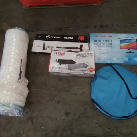 PALLET CONTAINING ASSORTED HOUSEHOLD PRODUCTS. INCLUDES PULL-UP BARS, MATTRESS PROTECTOR, POP-UP GAZEBO, BLUE LIGHT SCREEN PROTECTORS ETC