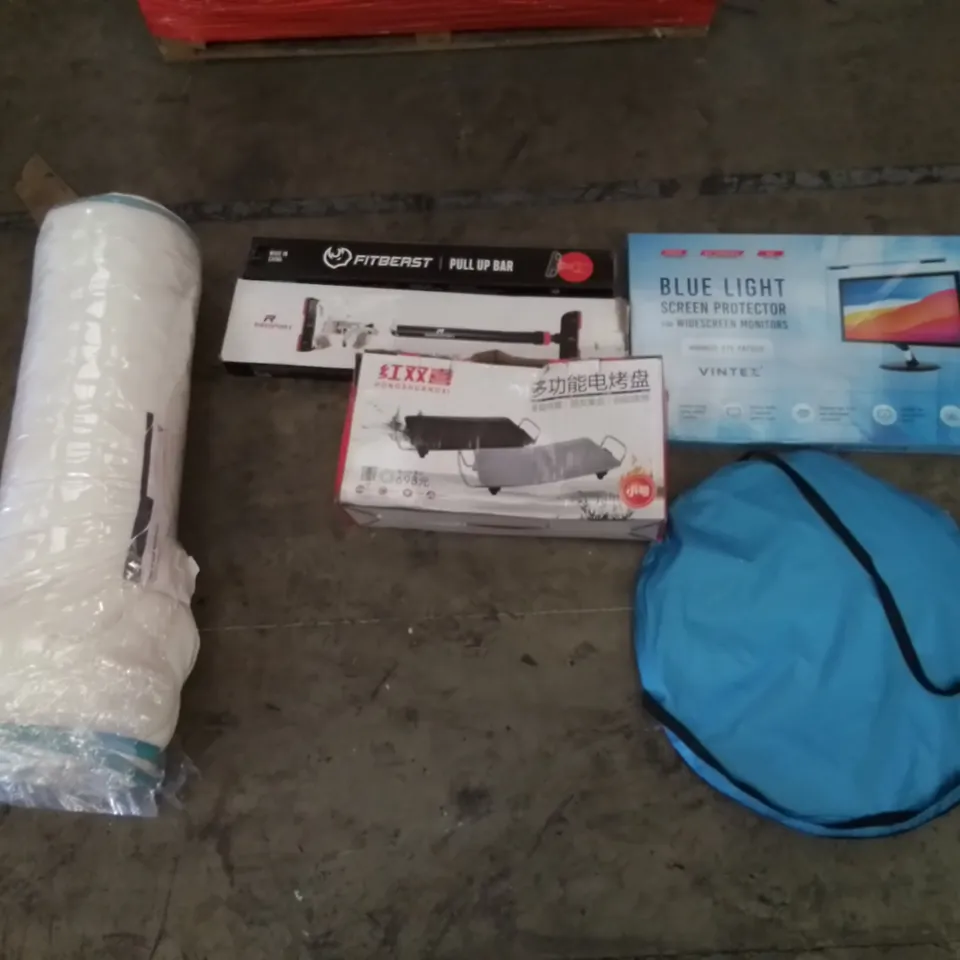 PALLET CONTAINING ASSORTED HOUSEHOLD PRODUCTS. INCLUDES PULL-UP BARS, MATTRESS PROTECTOR, POP-UP GAZEBO, BLUE LIGHT SCREEN PROTECTORS ETC 