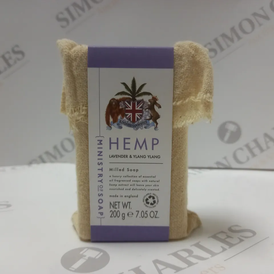 BOX OF APPROX 8 X 200G MINISTRY OF SOAP HEMP LAVENDER & YLANG YLANG MILLED SOAP 