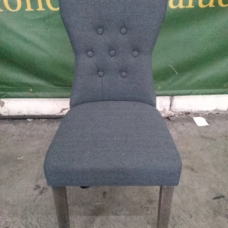 BEWLEY SLATE FABRIC BUTTON BACK DINING CHAIR WITH OAK LEGS