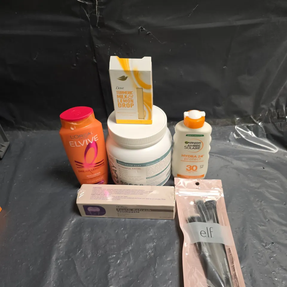 APPROXIMATEY 20 ASSORTED HEALTH AND BEAUTY PRODUCTS TO INCLUDE - L'OREAL ELVIVE SHAMPOO - ELF MAKE UP BRUSHES AND DOVE LEMON DROP CLEANSING BAR